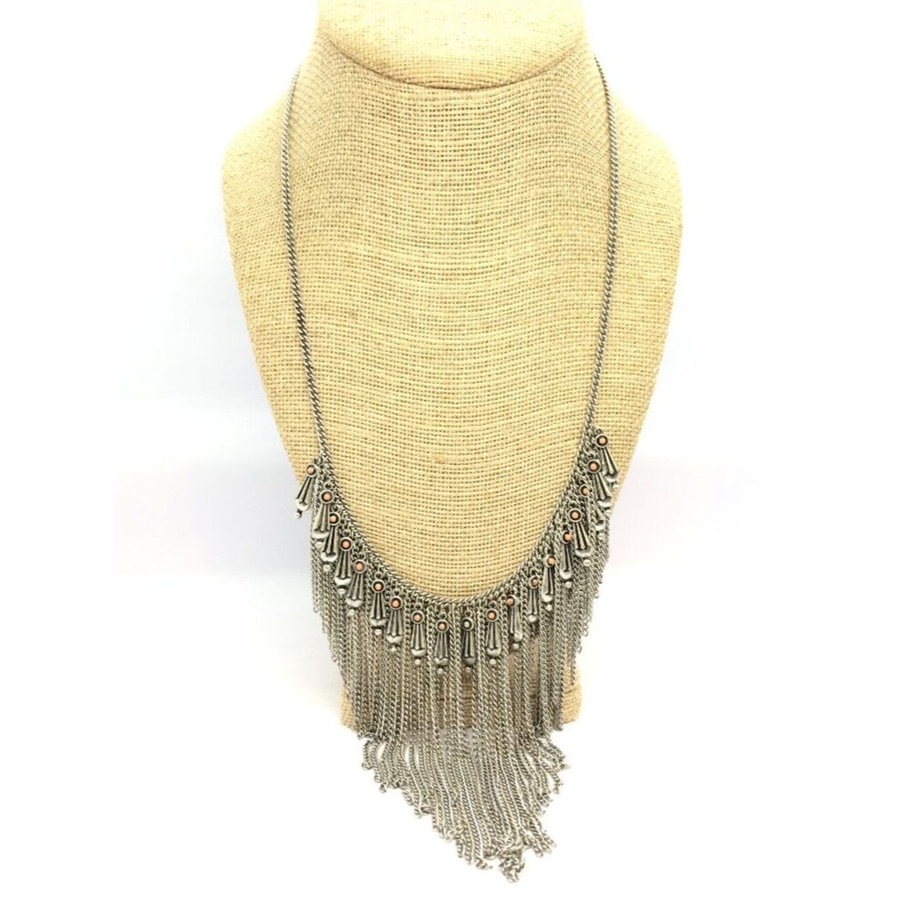 Boho Fringe Necklace Silver Tone Statement Bib Coral Dangle Festival